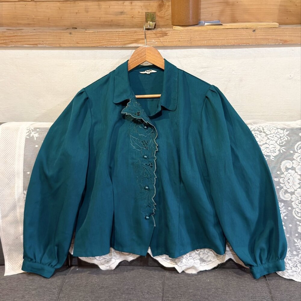 🌿 Vintage Teal Floral Embroidery Blouse Romantic Puff Sleeve Cottagecore Shirt